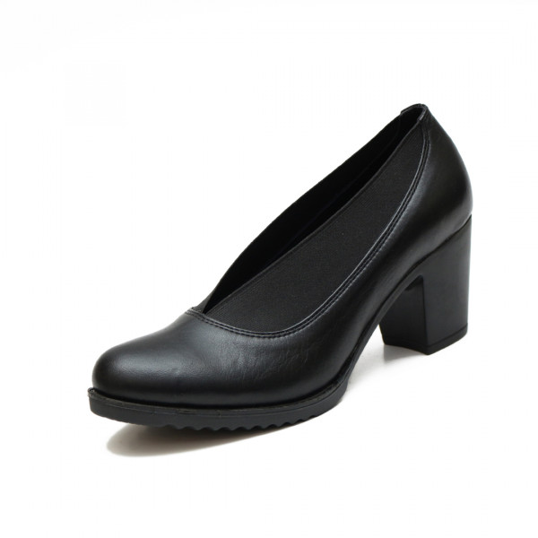 Siyah Deri Çift Taraflı Lastikli Topuklu Ayakkabı